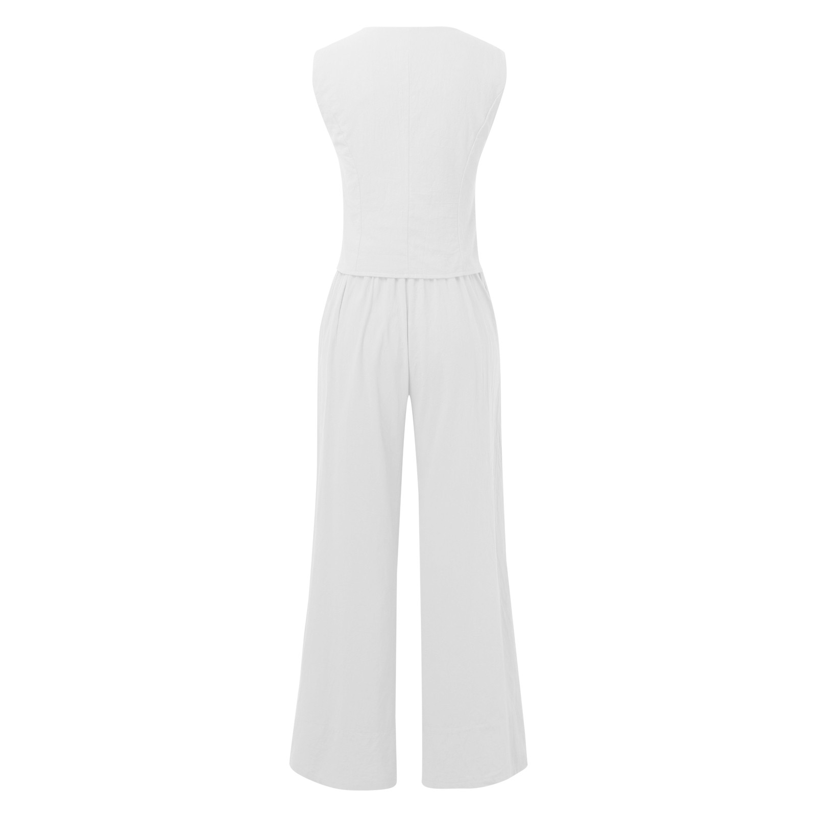 thumbnail image 4 of Conjunto informal de algodón de 2 piezas para mujer: camisa chaleco sin mangas con botones y pantalones rectos de pierna ancha con bolsillos, diseño sexy en el pecho, para uso diario/formal., 4 of 5